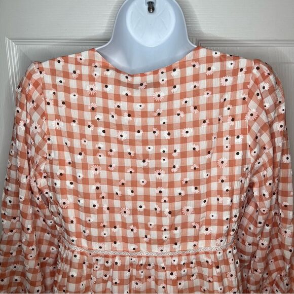 Greylin Dorothy Eyelet Daisy Tie Front Gingham Dress Tiered Peach White S NWT - Picture 9 of 13